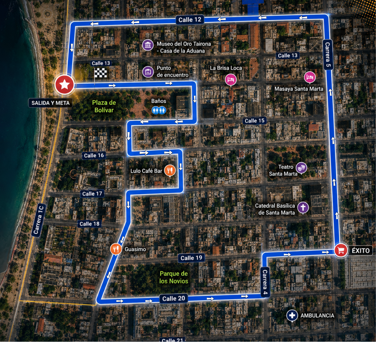 Mapa del recorrido 5K en Santa Marta: salida y meta en la Plaza de Bolívar, circuito señalizado por el centro histórico, con punto de encuentro, baños y ambulancia.