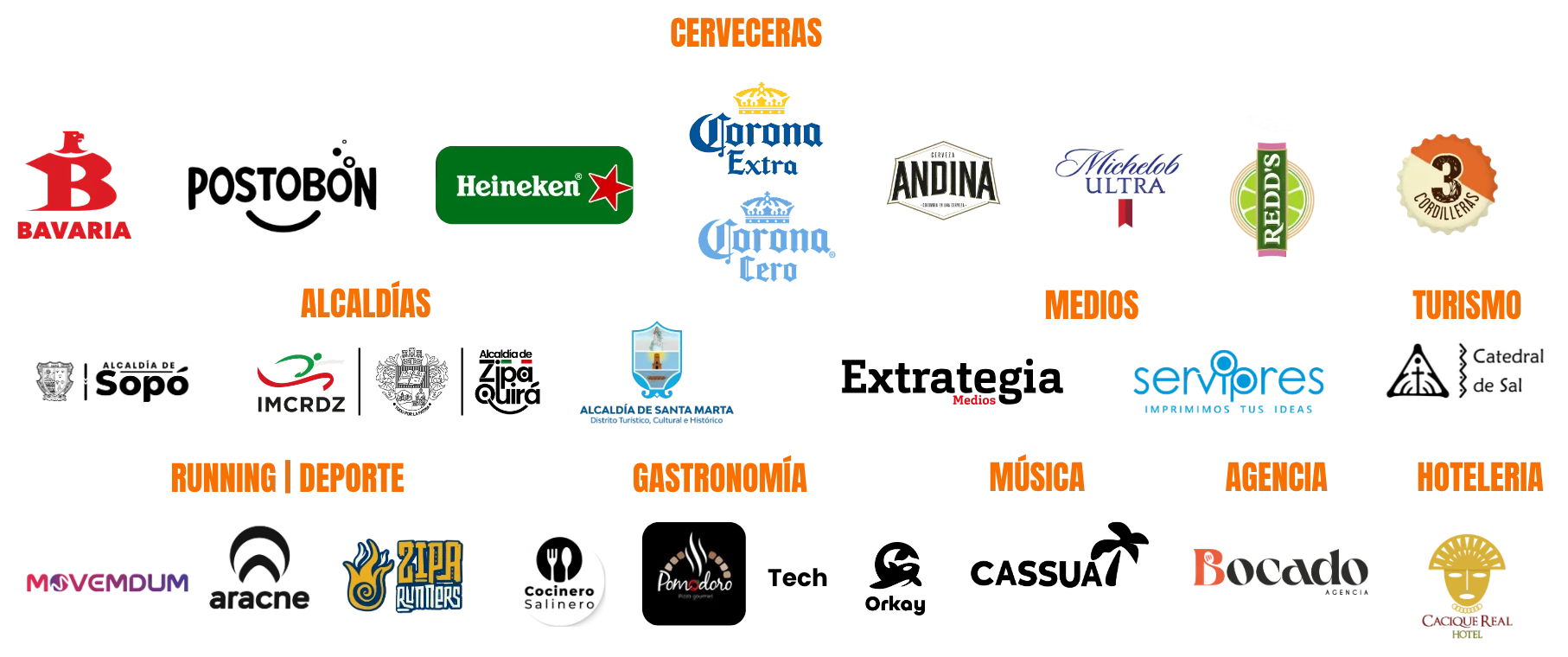 Aliados que han confiado en la Carrera Cervecera: cerveceras, alcaldías, medios, turismo, running, gastronomía, música, agencias y hotelería